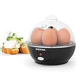 Petra PT2783VDEEU7 - Cuociuova elettrico per uova à la coque, barzotte o sode, capacità 6 uova, 2 vassoi per uova in camicia, compatto, portauova rimovibile, misurino, indicatore luminoso, 430 W