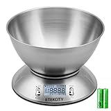 ETEKCITY Bilancia Cucina Digitale, Bilancia da Cucina Elettronica in Acciaio Inossidabile 5kg/ 11lb con Ciotola Rimovibile, Funzione Tare, Timer Allarme, Indicatore Temperatura, Display LCD, Argento