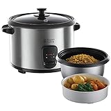 Russell Hobbs Cuociriso, Ciotola Antiaderente, 10 tazze, 700 W, 1.8 Litri, Vassoio Pesce e Verdure, Spatola e misurino inclusi, Acciaio Inox, Cook at Home 19750-56