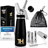 Thiru sifone Panna montata incl. 3 beccucci in Acciaio Inossidabile, Sifone da Cucina Sacchetto di Rete e Spazzola di Pulizia - Premium Sifone di Panna 500ml (Nero)