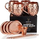 Bicchieri di rame Moscow Mule Include 4 bicchieri, 4 sottobicchieri, 4 cannucce, 1 Misurino più Accessori in rame puro al 100% Bicchieri a barile